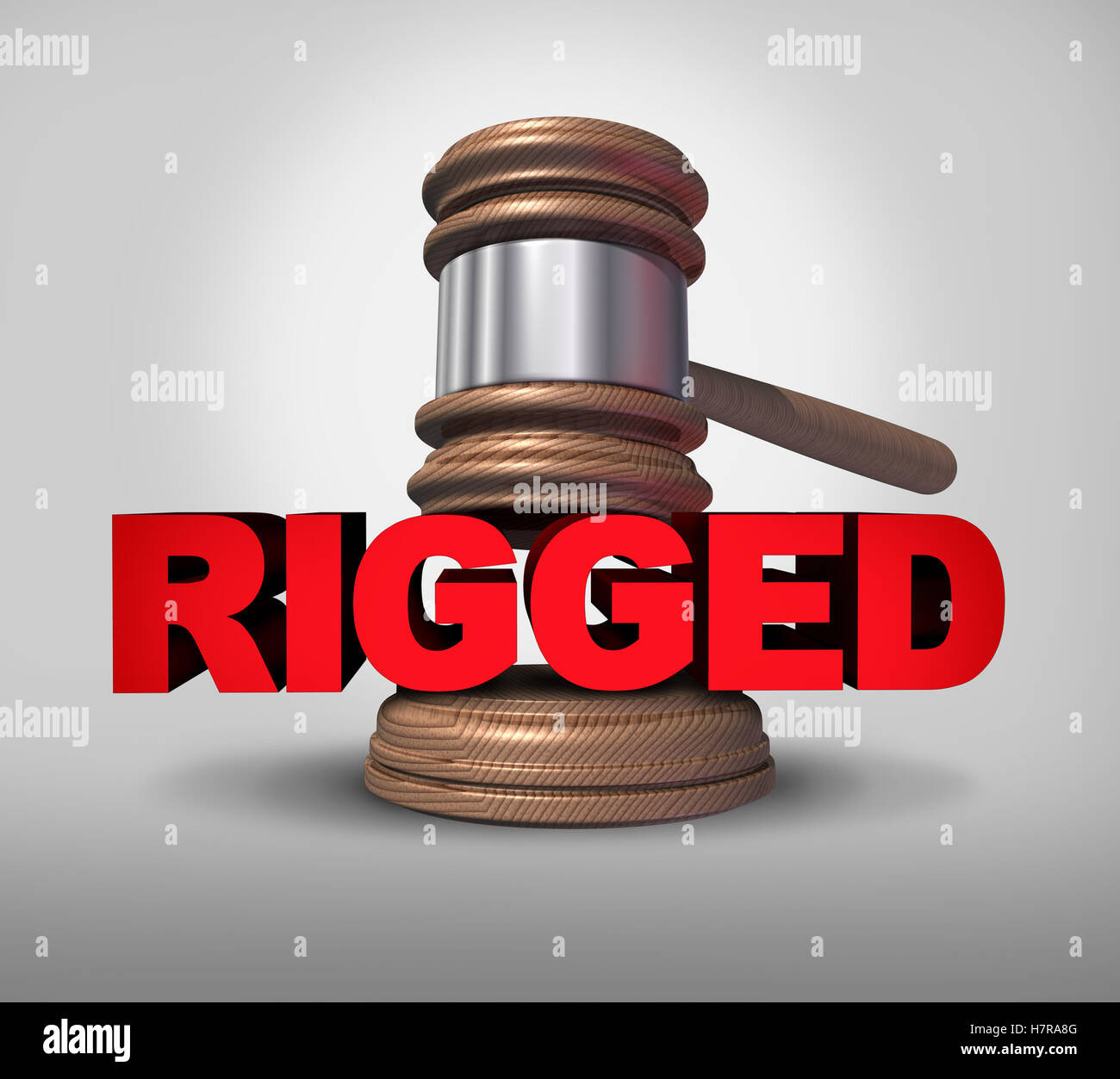 Concept of fraud and corrupt system giving an unfair advantage as text with the word rigged with a justice mallet as a metaphor Stock Photo