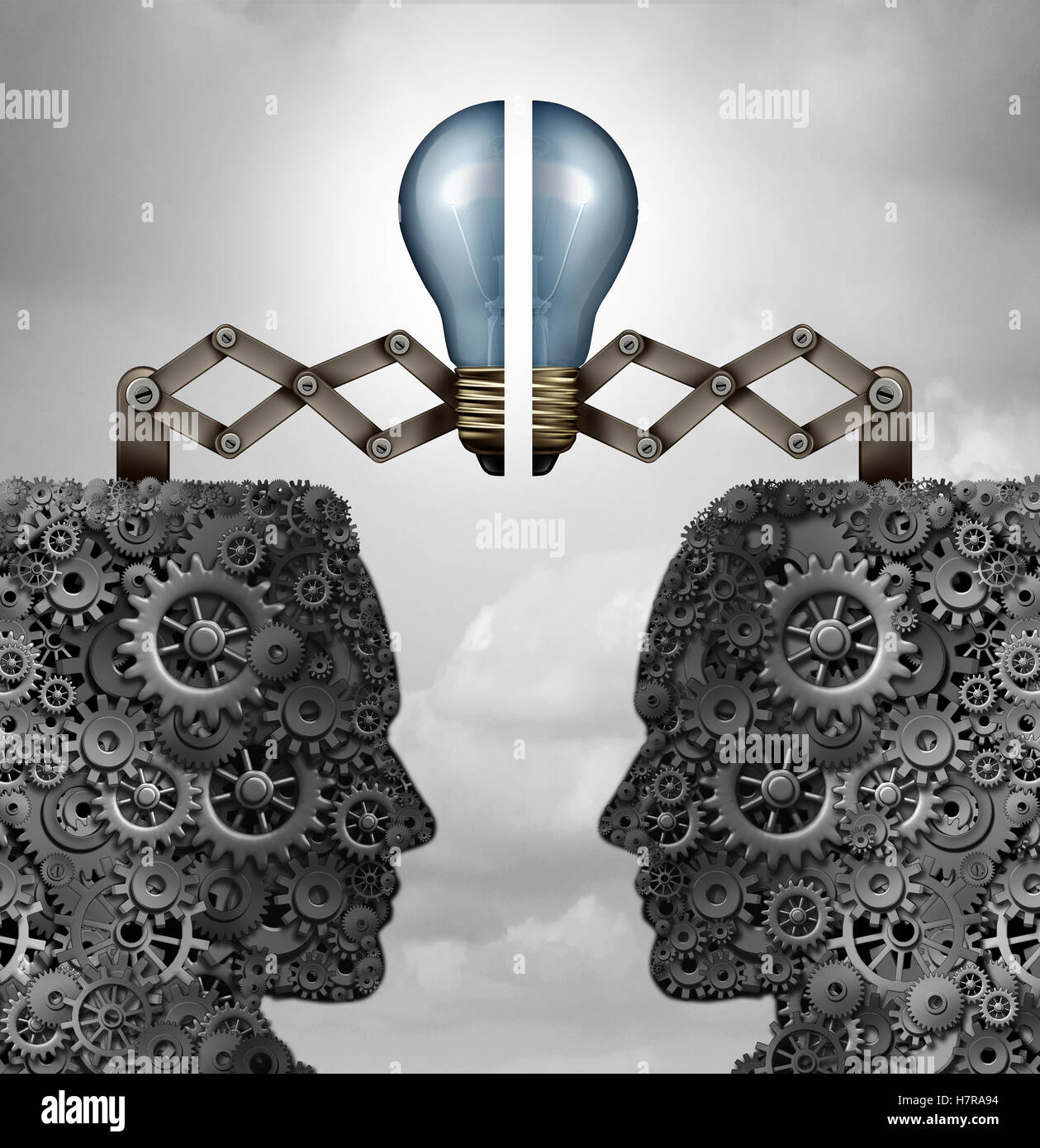 Concept of creativity partnership and creative group cooperation as a bunch of gears and cogs shaped as open minded heads with a lightbulb puzzle connecting together as a 3D illustration. Stock Photo