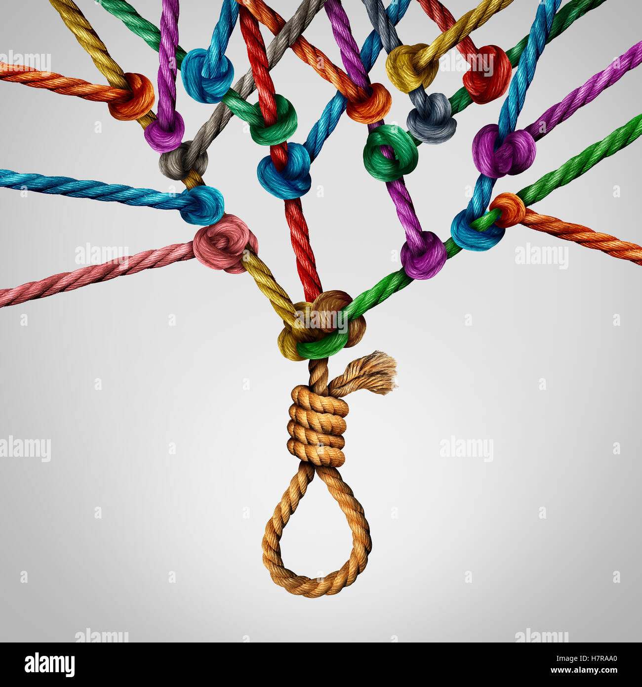 Social suicide concept as a sociology metaphor for crowd or herd mentality and group decisions resulting in violence or population death as a network of connected ropes tied together with a noose at the root of the institution. Stock Photo