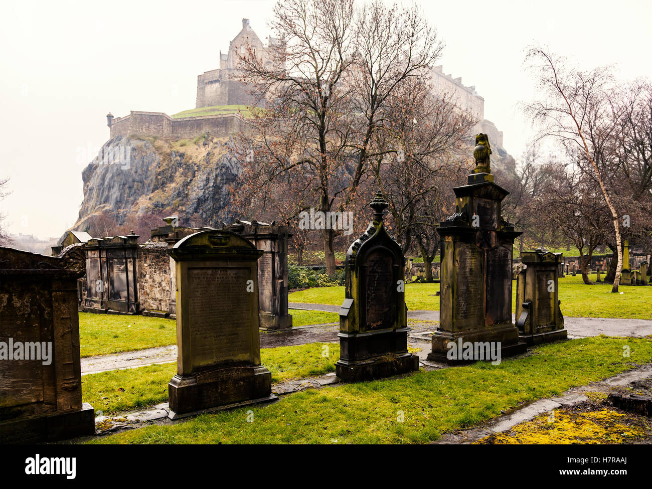 Image of Victorian graveyard below the castle in Edinburgh, Scotland. Stock Photo