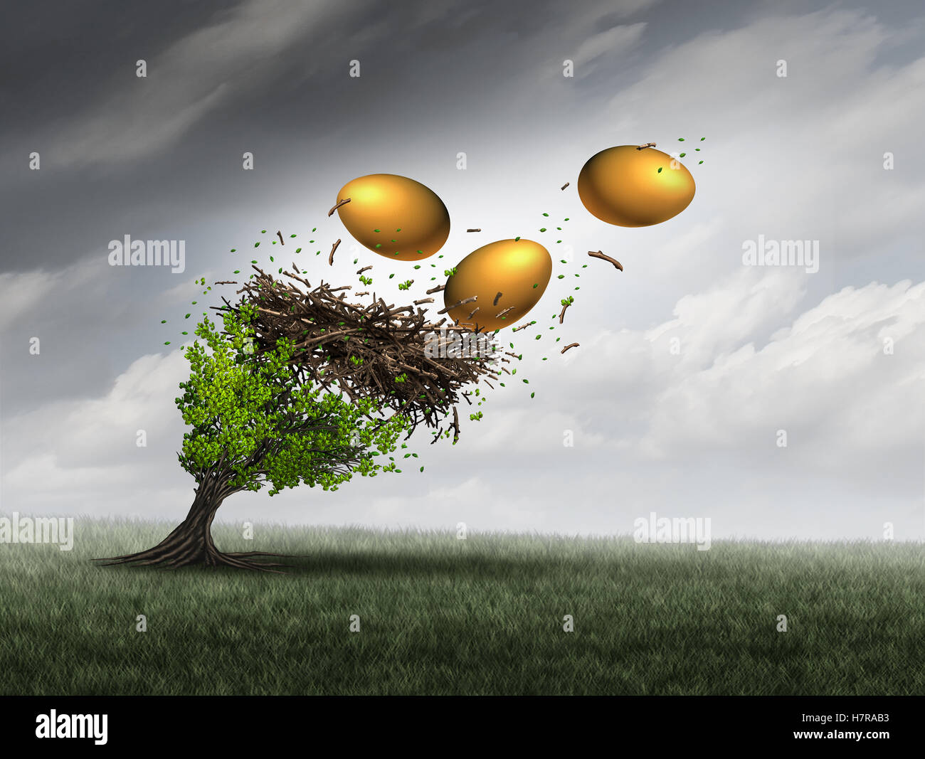Retirement fund crisis concept as a tree in peril with a nest and gold eggs falling out during a destructive thunder storm as a Stock Photo