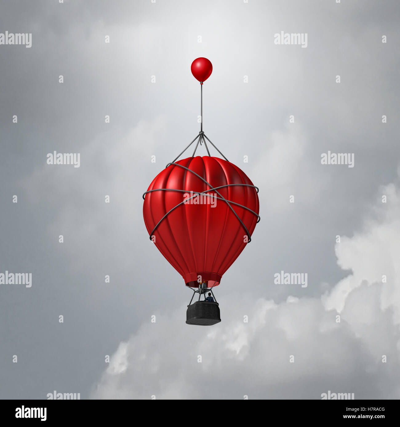 Business support idea as a hot air balloon being helped to rise higher by a smaller one as a relief and improvement metaphor with 3D illustration elements. Stock Photo