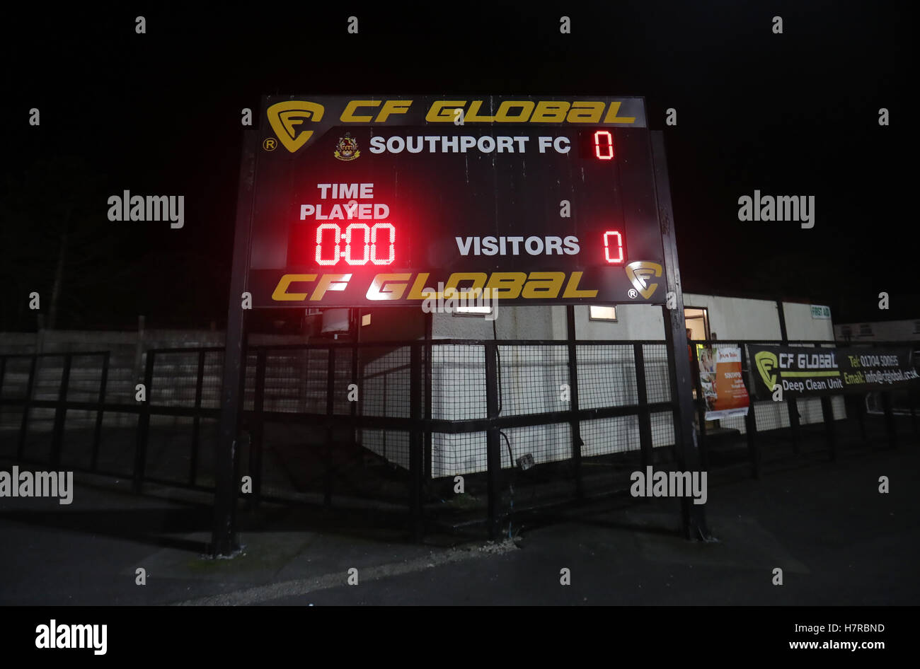 General view of the scoreboard before the Emirates FA Cup, First Round match between Southport and Fleetwood Town. PRESS ASSOCIATION Photo. Picture date: Monday November 7, 2016. See PA story SOCCER Southport. Photo credit should read: Simon Cooper/PA Wire. RESTRICTIONS: No use with unauthorised audio, video, data, fixture lists, club/league logos or 'live' services. Online in-match use limited to 75 images, no video emulation. No use in betting, games or single club/league/player publications. Stock Photo