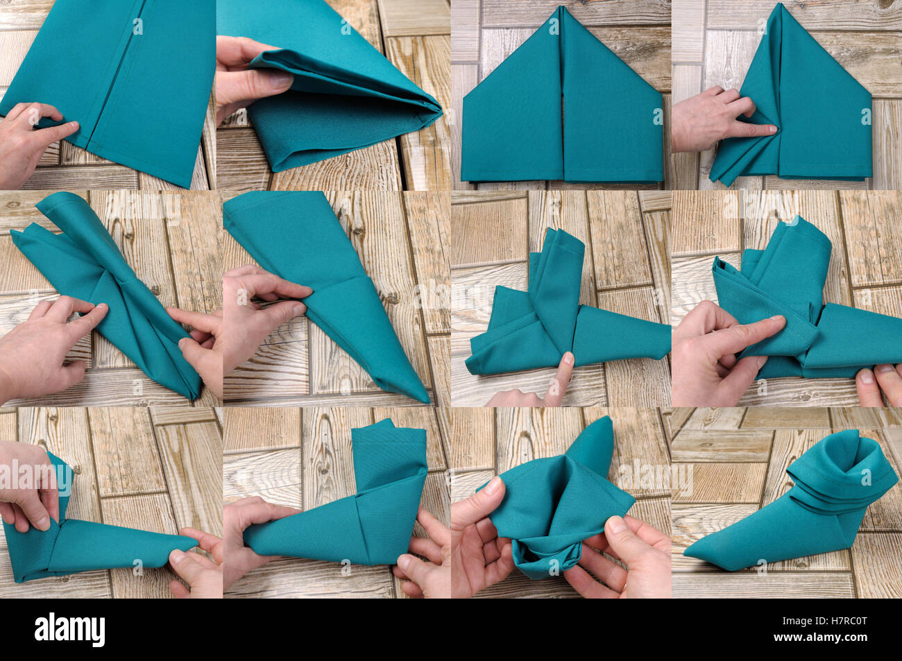 How to fold a napkin in the form of Elven boots, step by step Stock