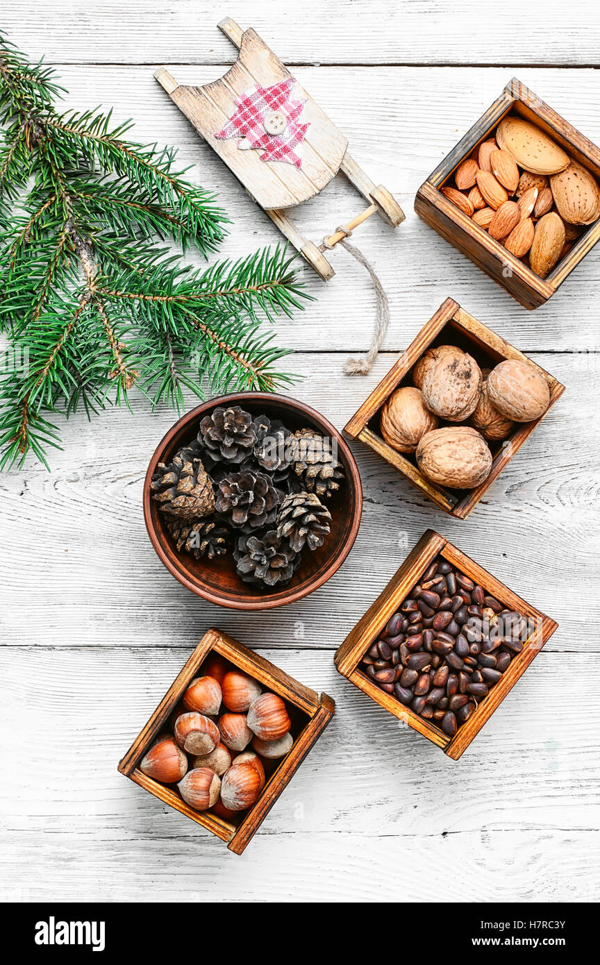 Christmas card with assortments of nuts and decorative sled Stock Photo