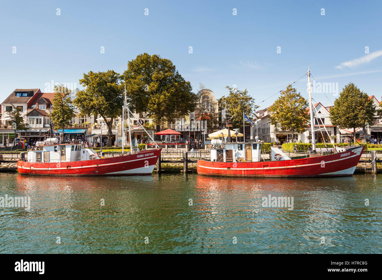 Fishing boats, Doberan and Hanno Gunther, Alter Strom Canal, and Am Strom Street, Warnemunde, Germany Stock Photo