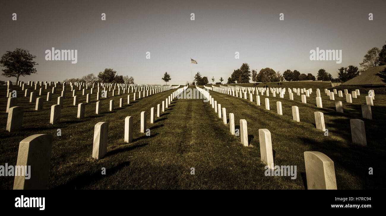 Rows of veterans graves with an American Flag at the horizon. Stock Photo