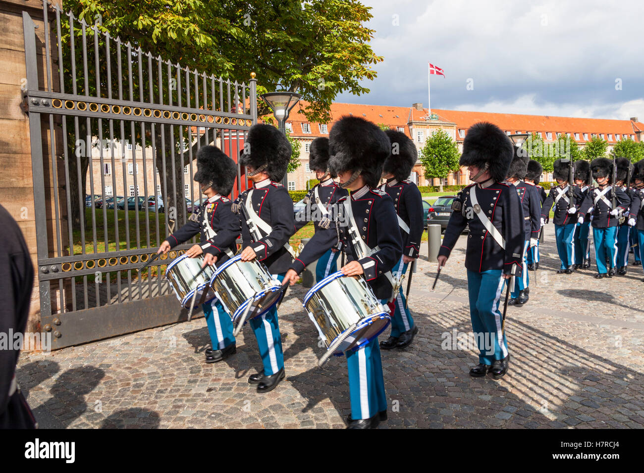 Marching band of soldiers leaving barracks at Rosenborg Castle, Copenhagen, Denmark Stock Photo