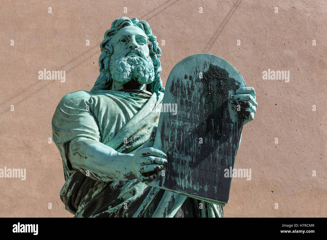 Moses statue outside Vor Frue Kirke, St Mary’s Cathedral, Church of Our Lady, Copenhagen, Denmark Stock Photo