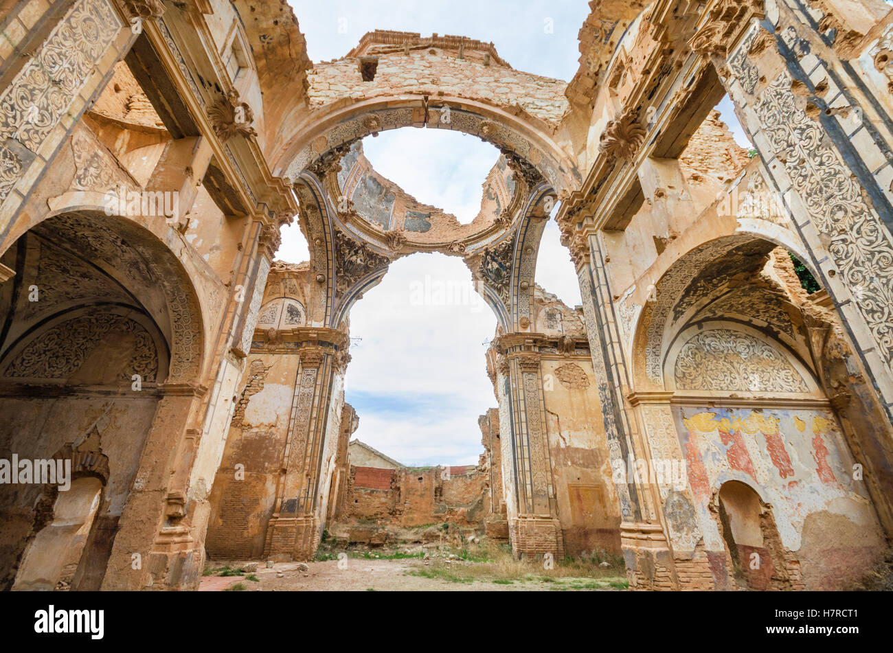 Ruins of an old church destroyed during the spanish civil war in Belchite, Saragossa, Spain. Stock Photo