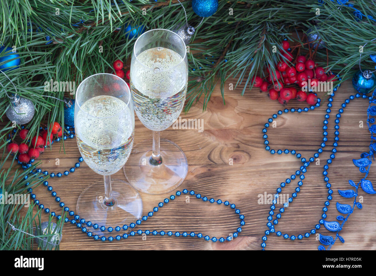 Christmas and New Year still life composition with two champaign