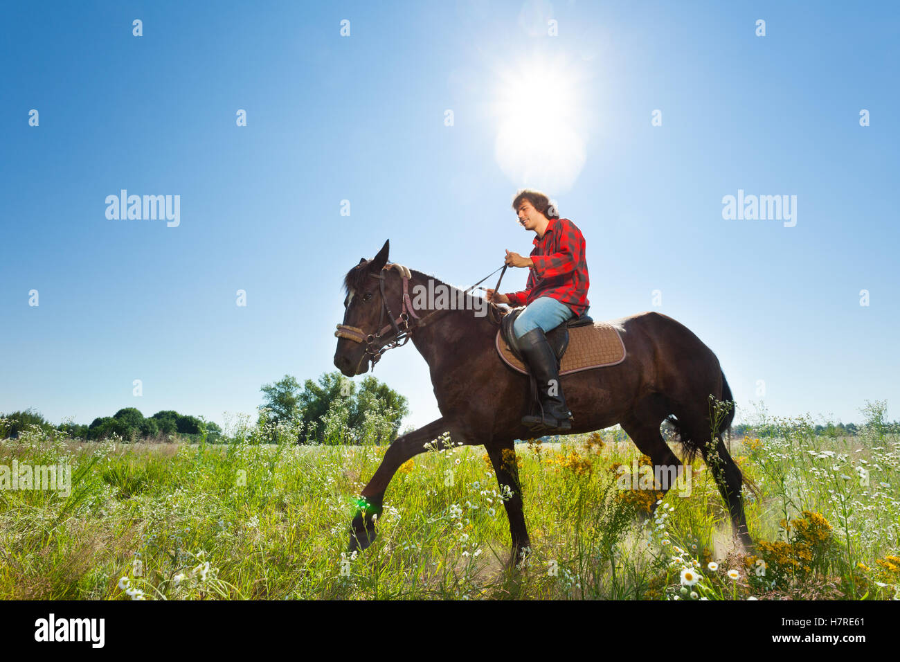 Young man horse ridding in the green outback Stock Photo - Alamy