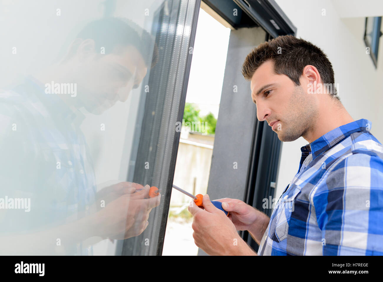 Fitting a new door frame Stock Photo Alamy