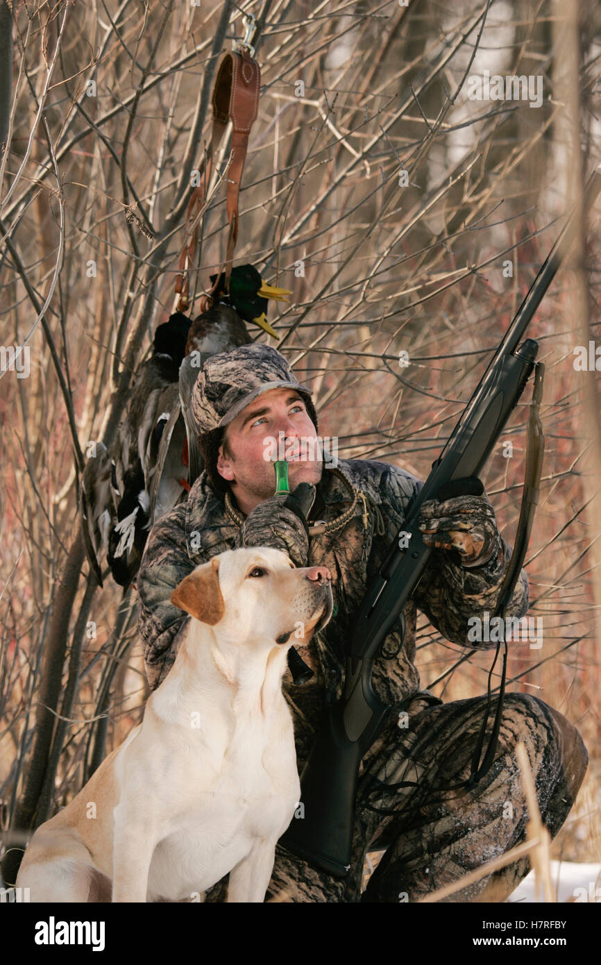 Duck Hunter With Yellow Lab holding a shotgun Stock Photo