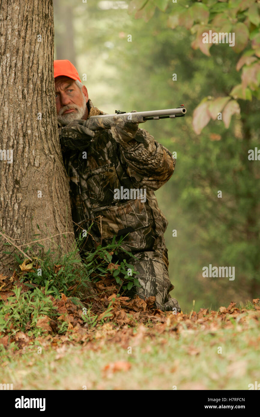 Hunter Stalking Whitetail Deer with Rifle Stock Photo