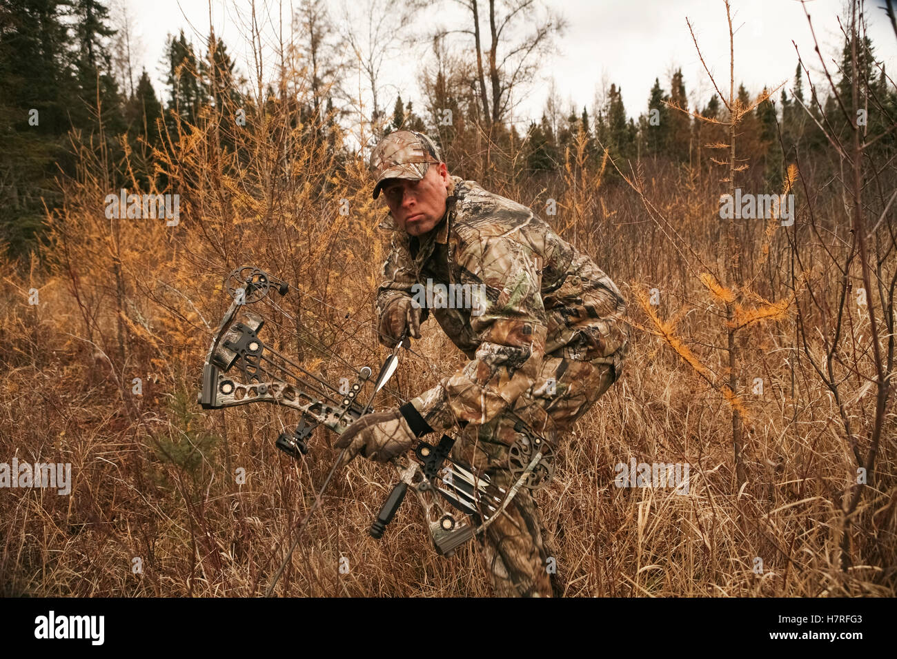 Bowhunter Ground Stalking Turkey while hunting Stock Photo