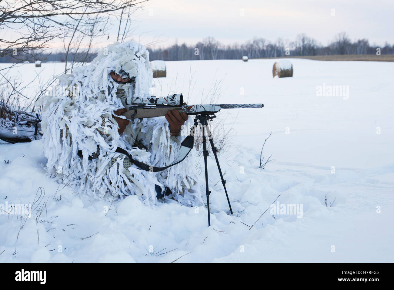 Varmint Hunter In Ghillie Snow Suit With Rifle On Bipod in winter Stock