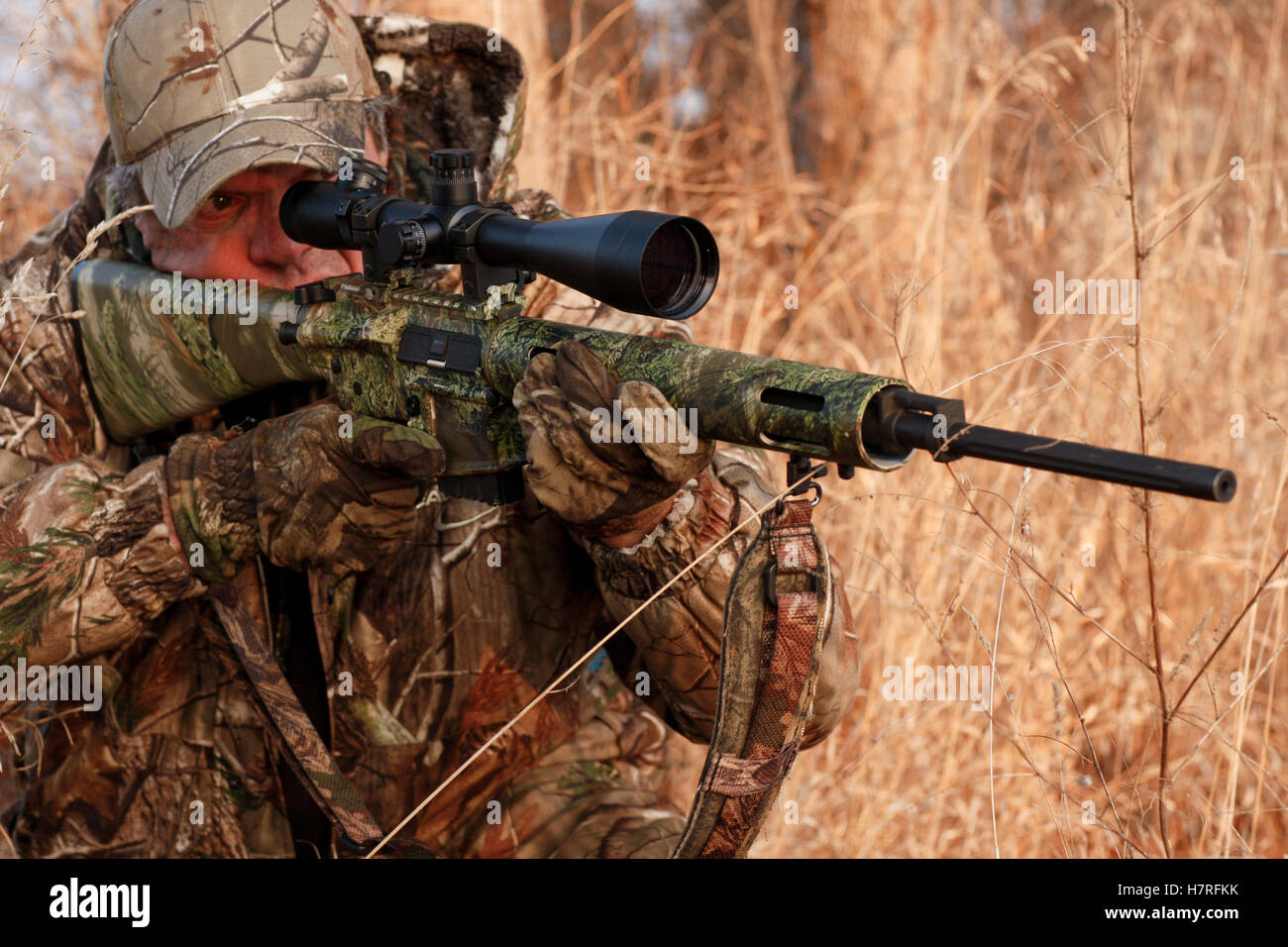 Predator Hunter Aiming Rifle Stock Photo
