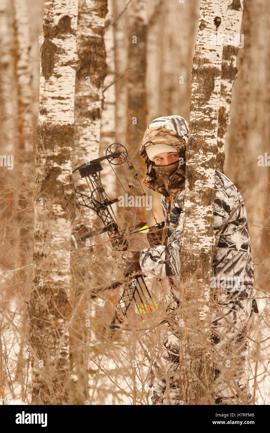 Bowhunter hunting deer on a ground hunt Stock Photo