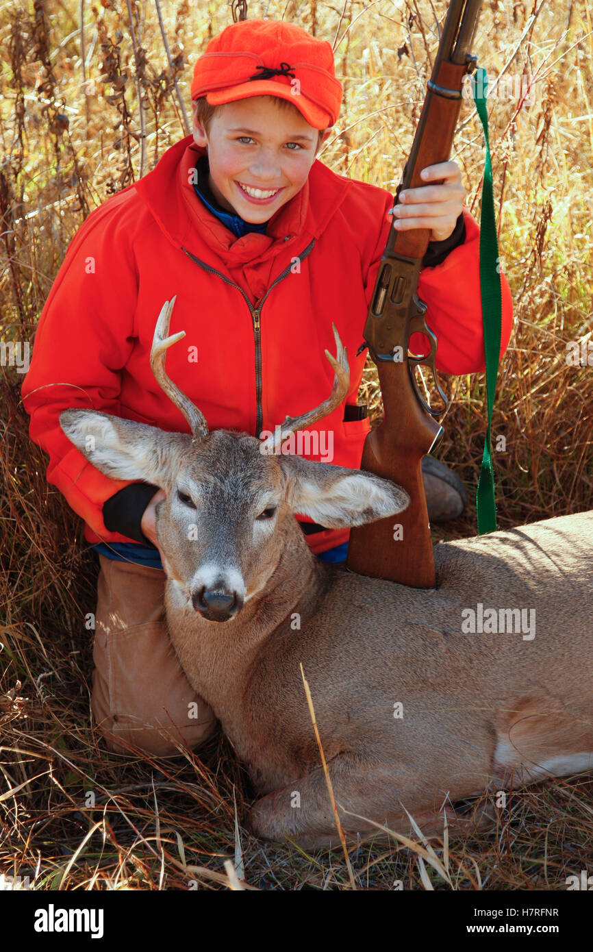 Teenage Hunter With First Deer Stock Photo