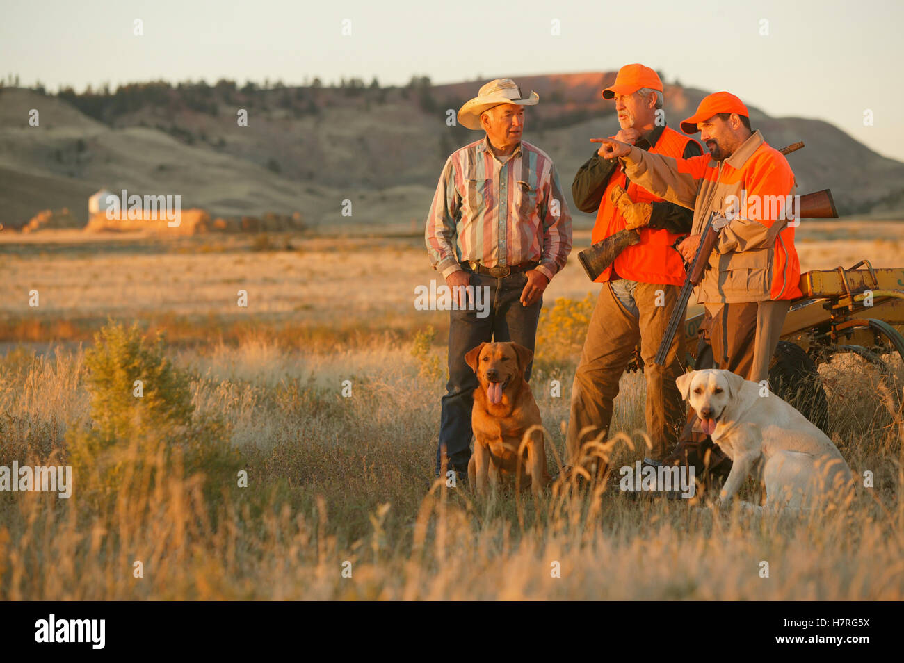 Upland Bird Hunters With Rancher Stock Photo