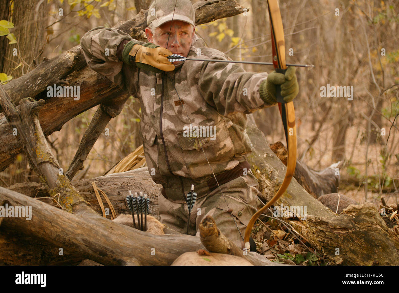 Big Game Hunter Shoots Longbow Stock Photo