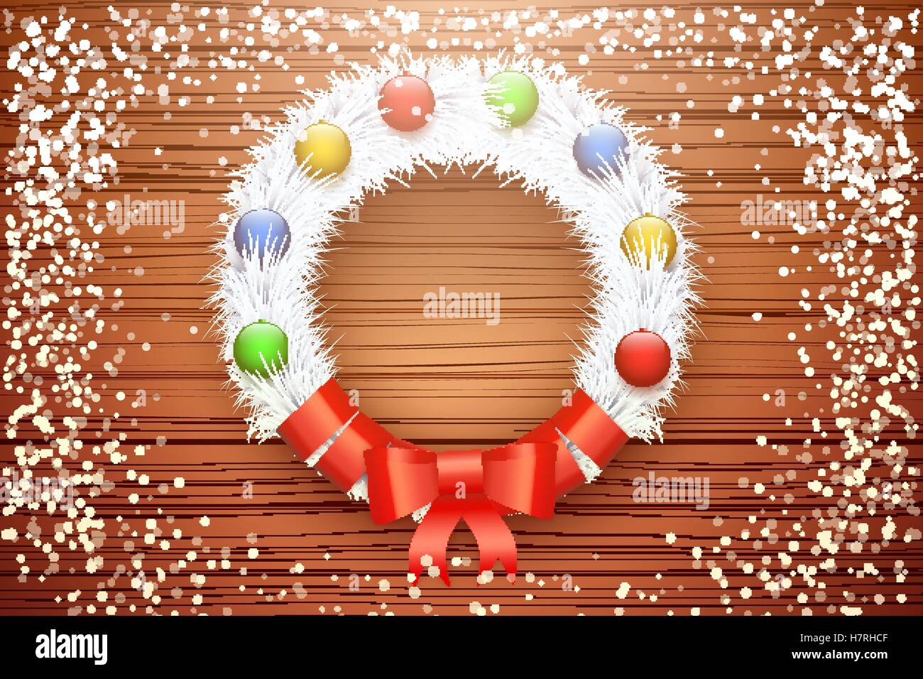 Traditional christmas wreath with white snowy fir and red ribbon bow on ...
