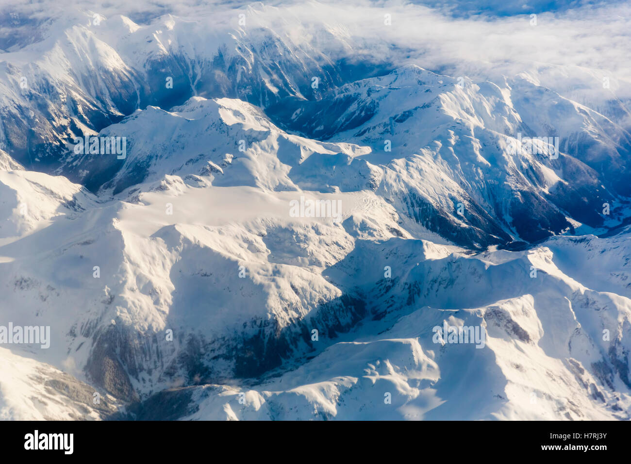 Aerial view of fresh snow on the Cascade mountain range; Washington, United States of America Stock Photo