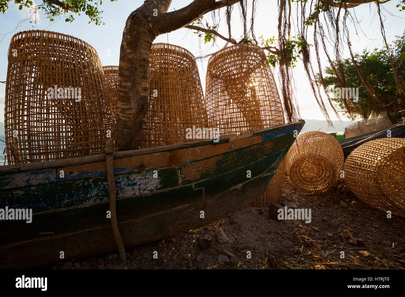 Fishing boat with traditional fishing nets, Ternat Island, Alor, Indonesia Stock Photo