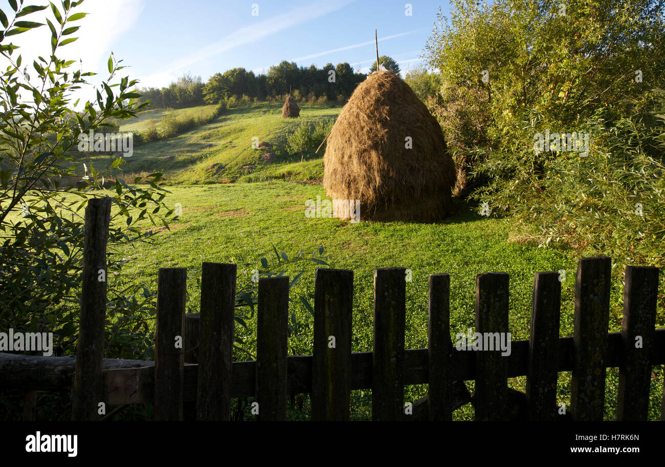 Rural landscape with rolling green fields and haystack Stock Photo - Alamy