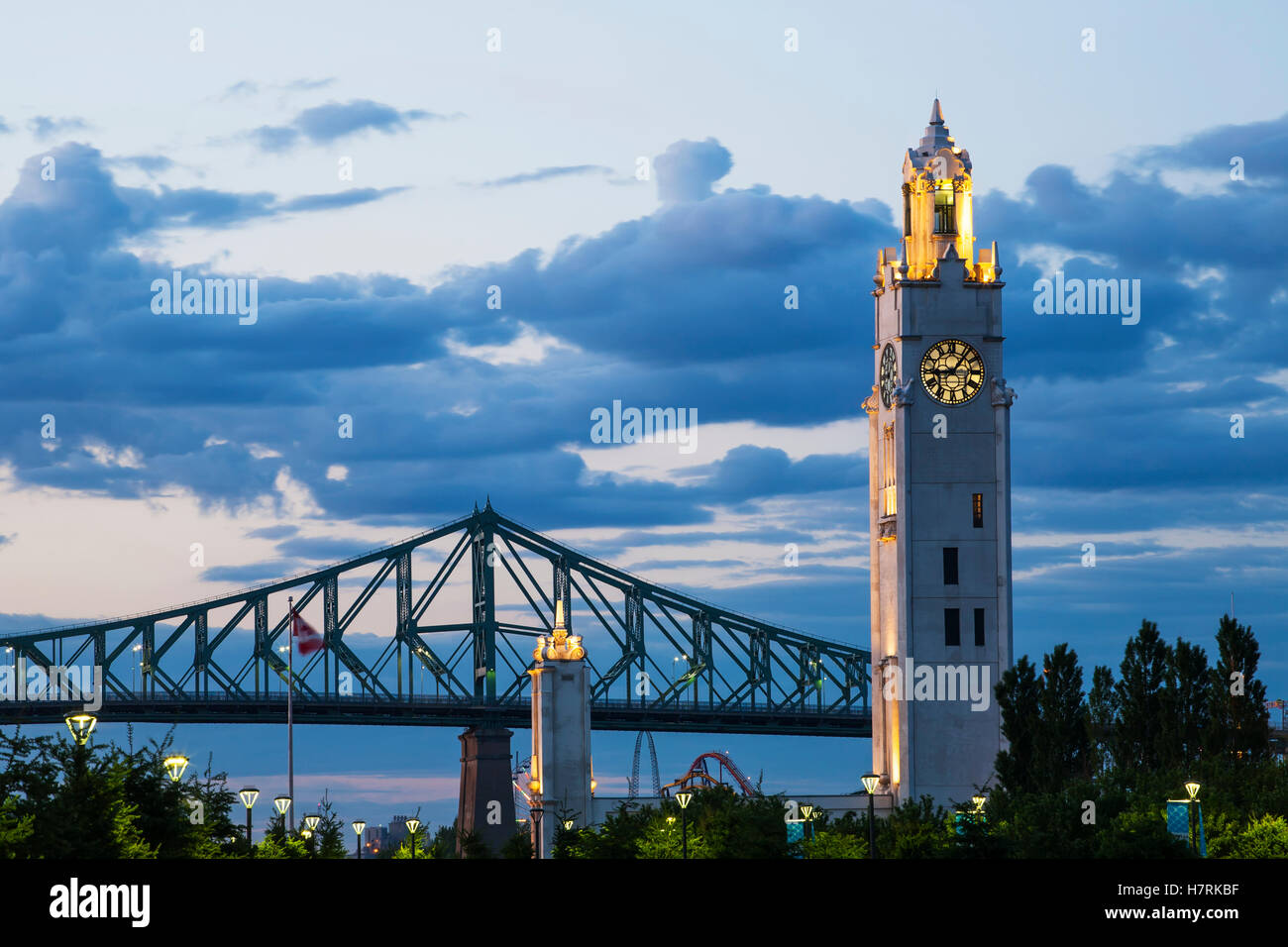 Tower clock at the old port and Jacques Cartier Bridge; Montreal