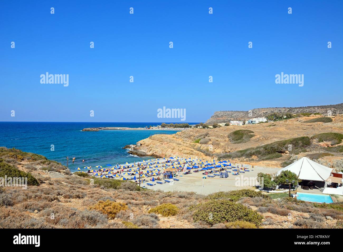 Elevated view of Boufos beach and the coastline, Sissi, Crete, Europe