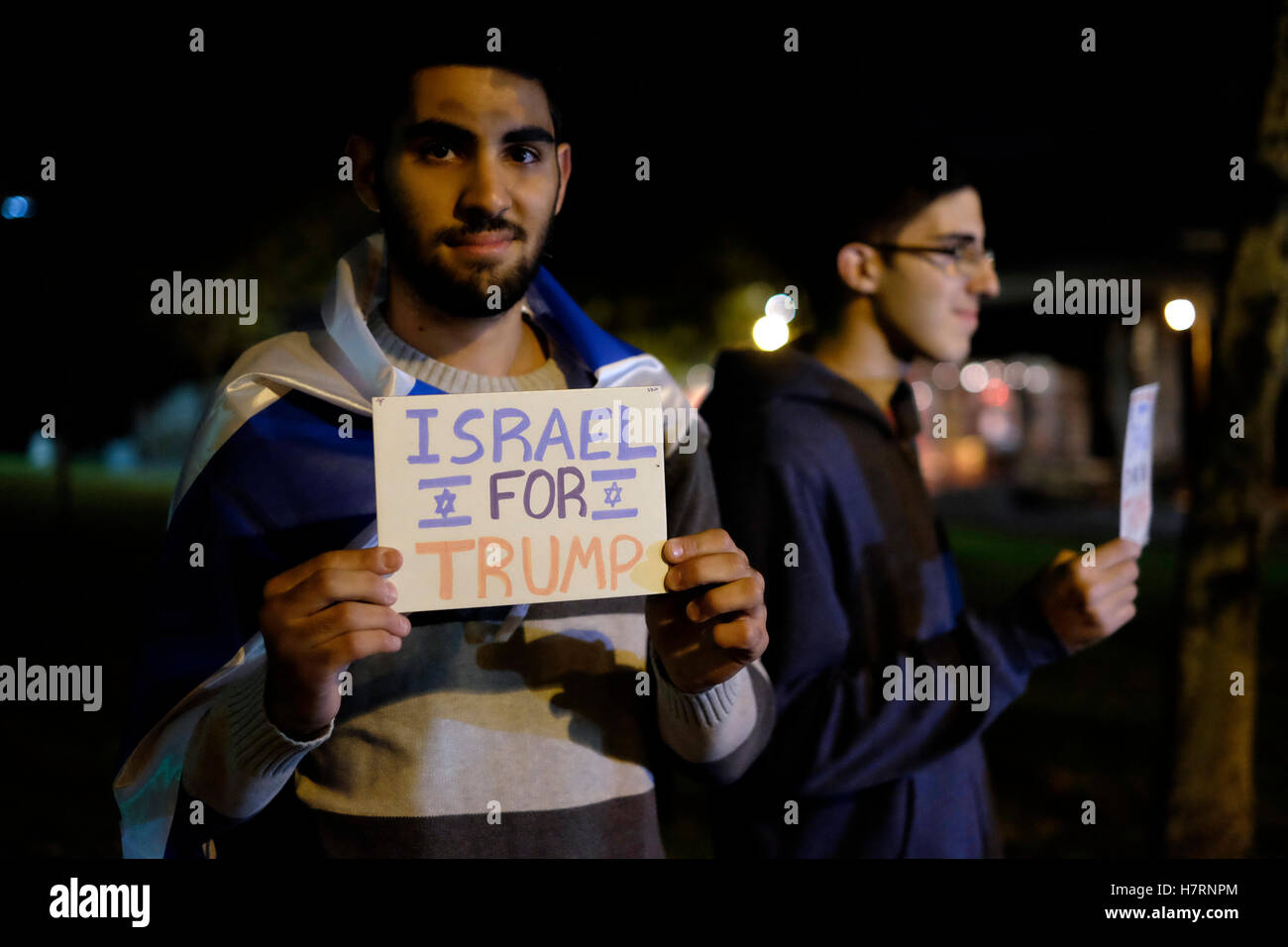 Jerusalem, Israel. 7th Nov, 2016. Israeli supporters of US presidential candidate Donald Trump holding a sign which reads Israel For Trump during a pro Trump rally in front of the American consulate in West Jerusalem Israel Credit:  Eddie Gerald/Alamy Live News Stock Photo