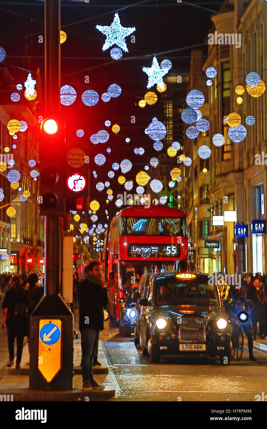 London, UK. 7th November 2016. Oxford Street Christmas decorations and