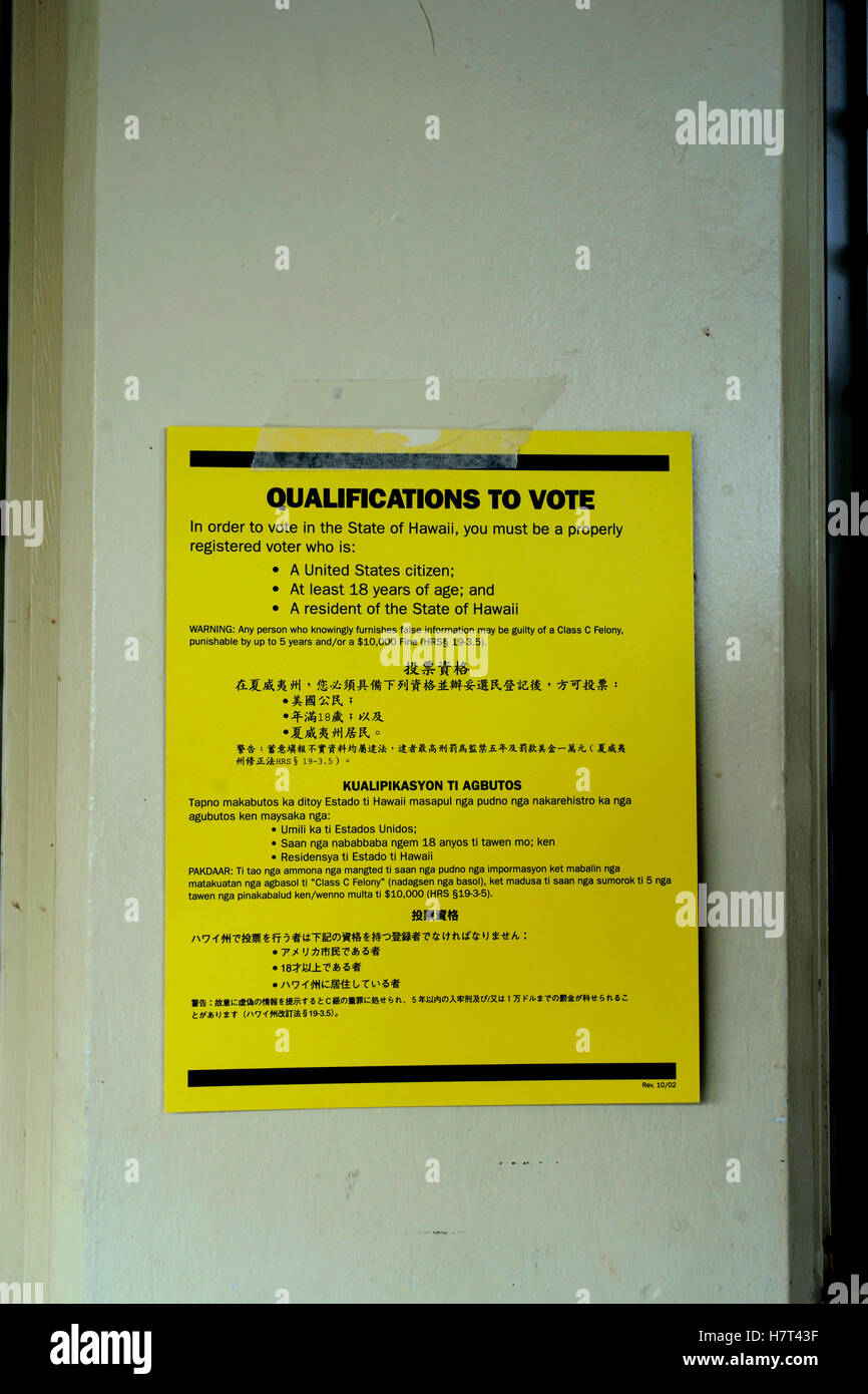 Qualification to vote in USA, Hawaii Stock Photo