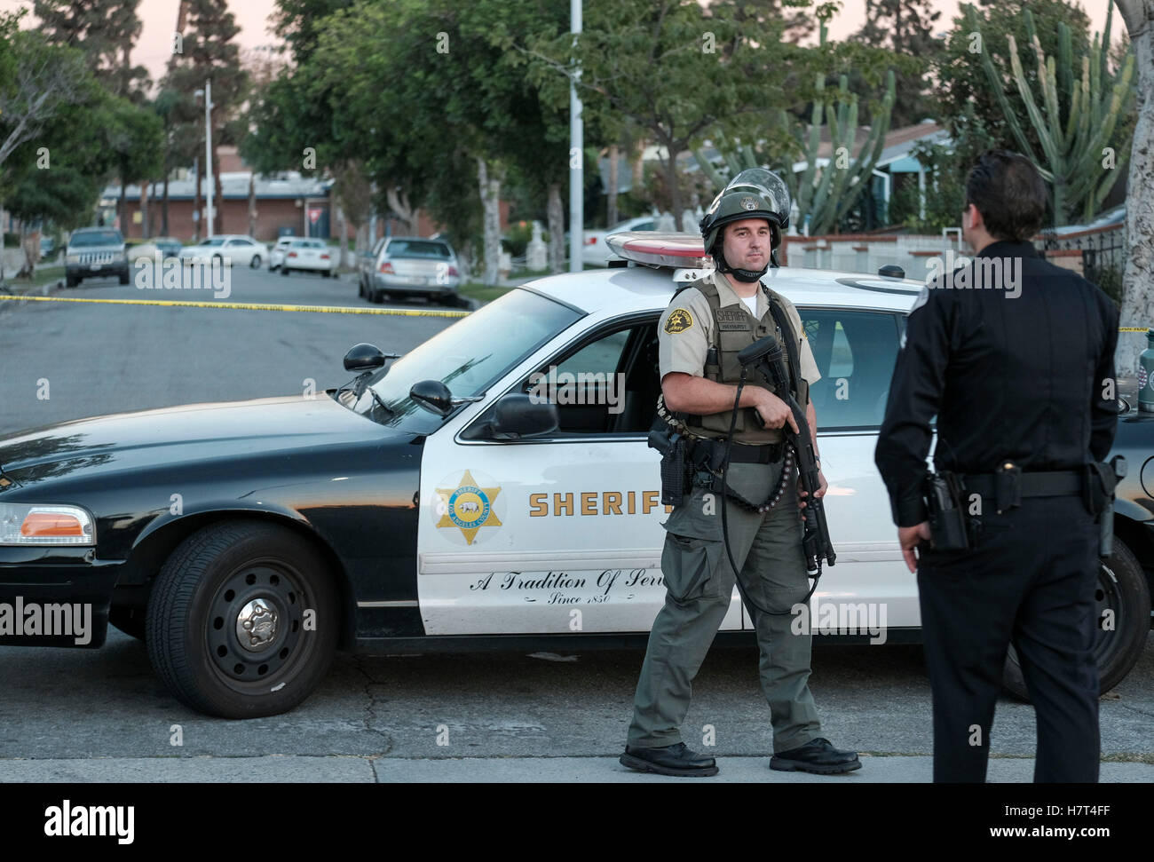 Asuza, California, USA. 8th Nov, 2016. Police and sheriff stand guard