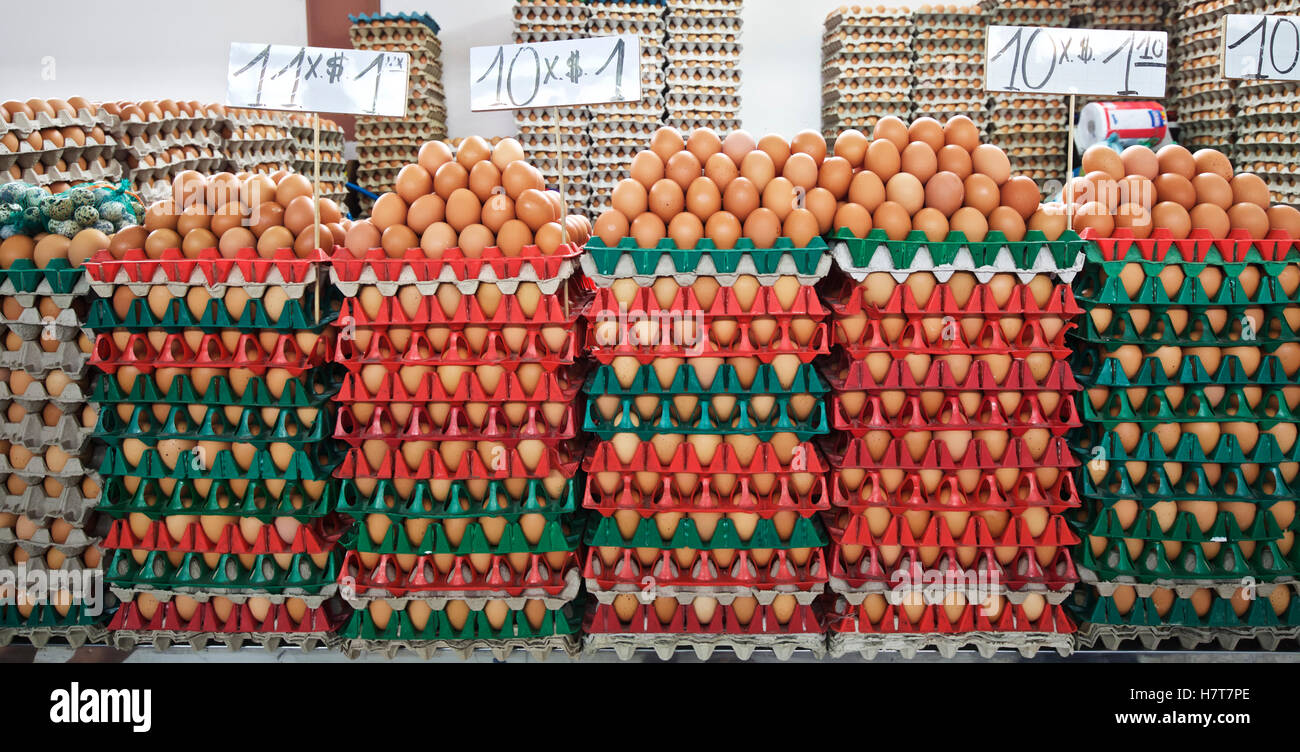 Trays of eggs displayed on a market stall Stock Photo Alamy