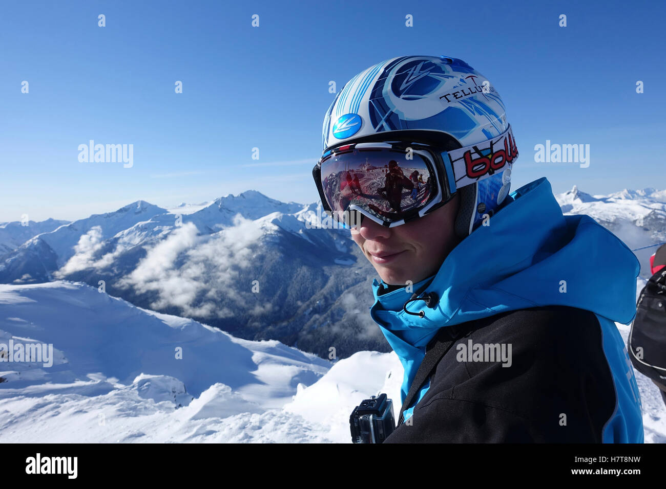 Skier at top of ski hill; Whistler, British Columbia, Canada Stock Photo