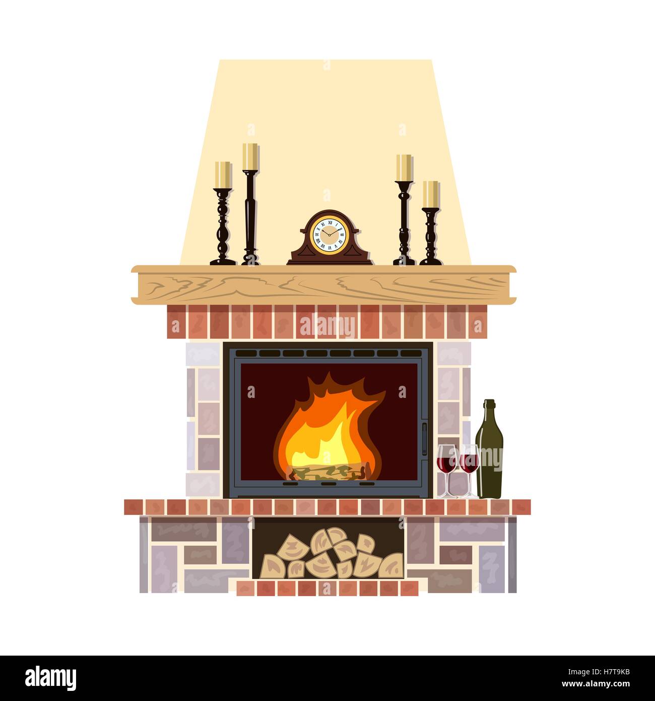 Flaming fireplace in the parlor. Cute and cozy burning hearth with clock, wine bottle and glasses, candlesticks, firewood. For p Stock Vector