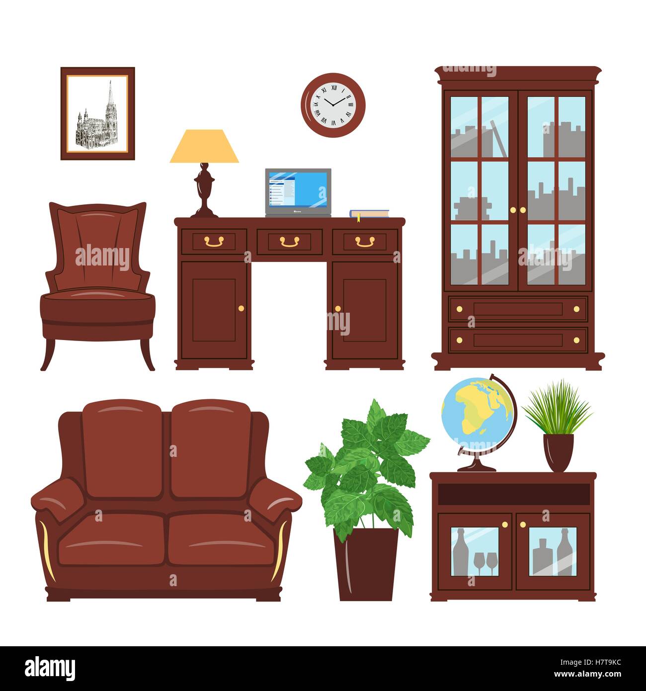 Set of classic home office furniture elements for cabinet, library, parlour. Home working place with bookcase, armchair, sofa, p Stock Vector