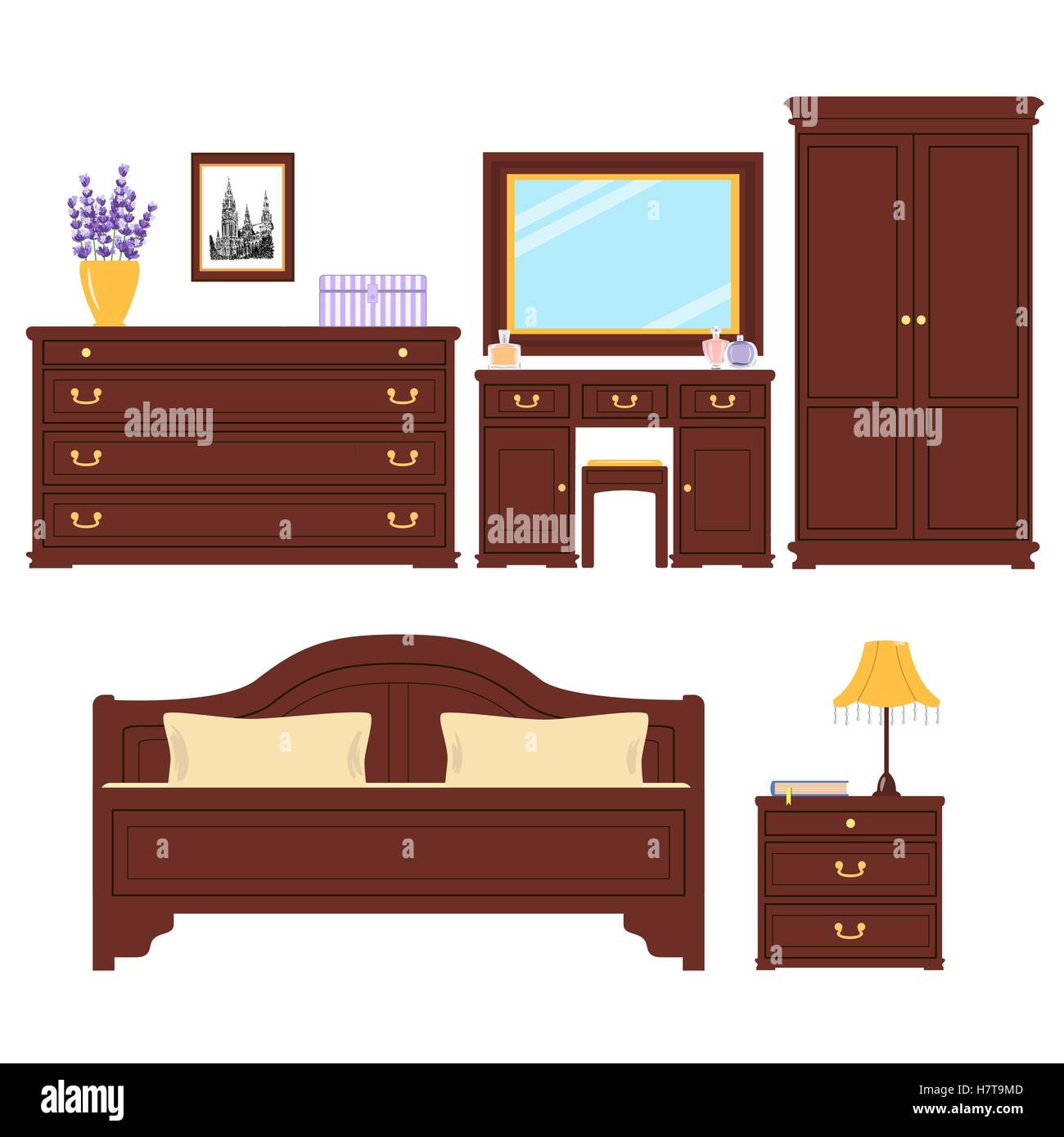 Set of Furniture for bedroom. Cute sleeping room. For advertising, real estate image, furniture shop. Bed, picture, chest of dra Stock Vector