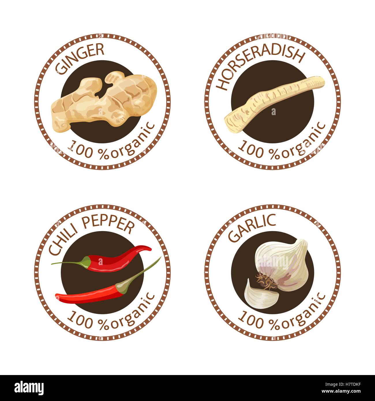 Set of spices labels. 100 organic. collection Stock Vector