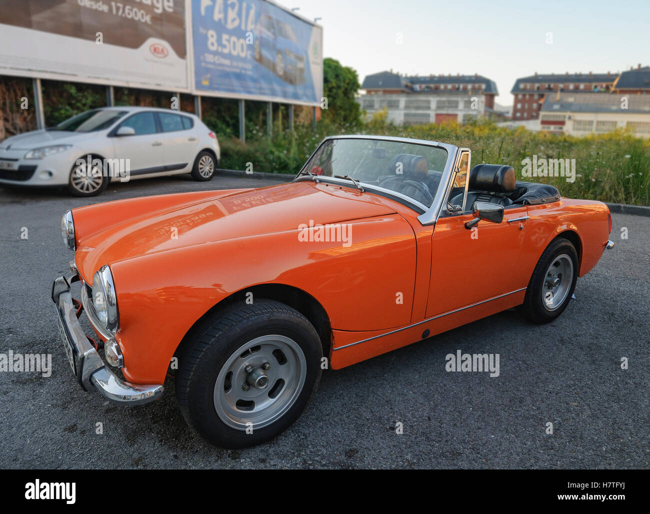 Old car Midget red convertible in Colindres, Cantabria, Spain, Stock Photo