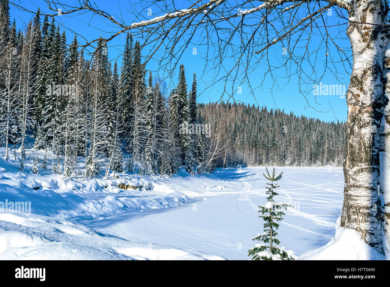 Beautiful winter landscape with ski run on frozen lake. Cold day in the winter forest Stock Photo