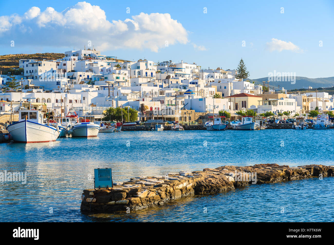Traditional fishing port in Naoussa town at sunset time, Paros island, Greece Stock Photo