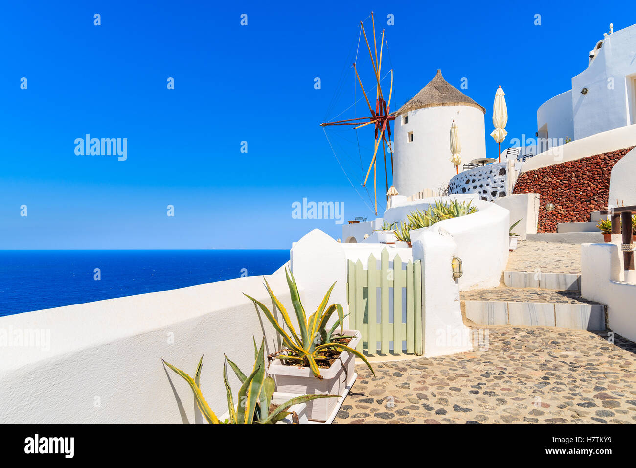 Typical white windmill on street of Oia village, Santorini island, Greece Stock Photo
