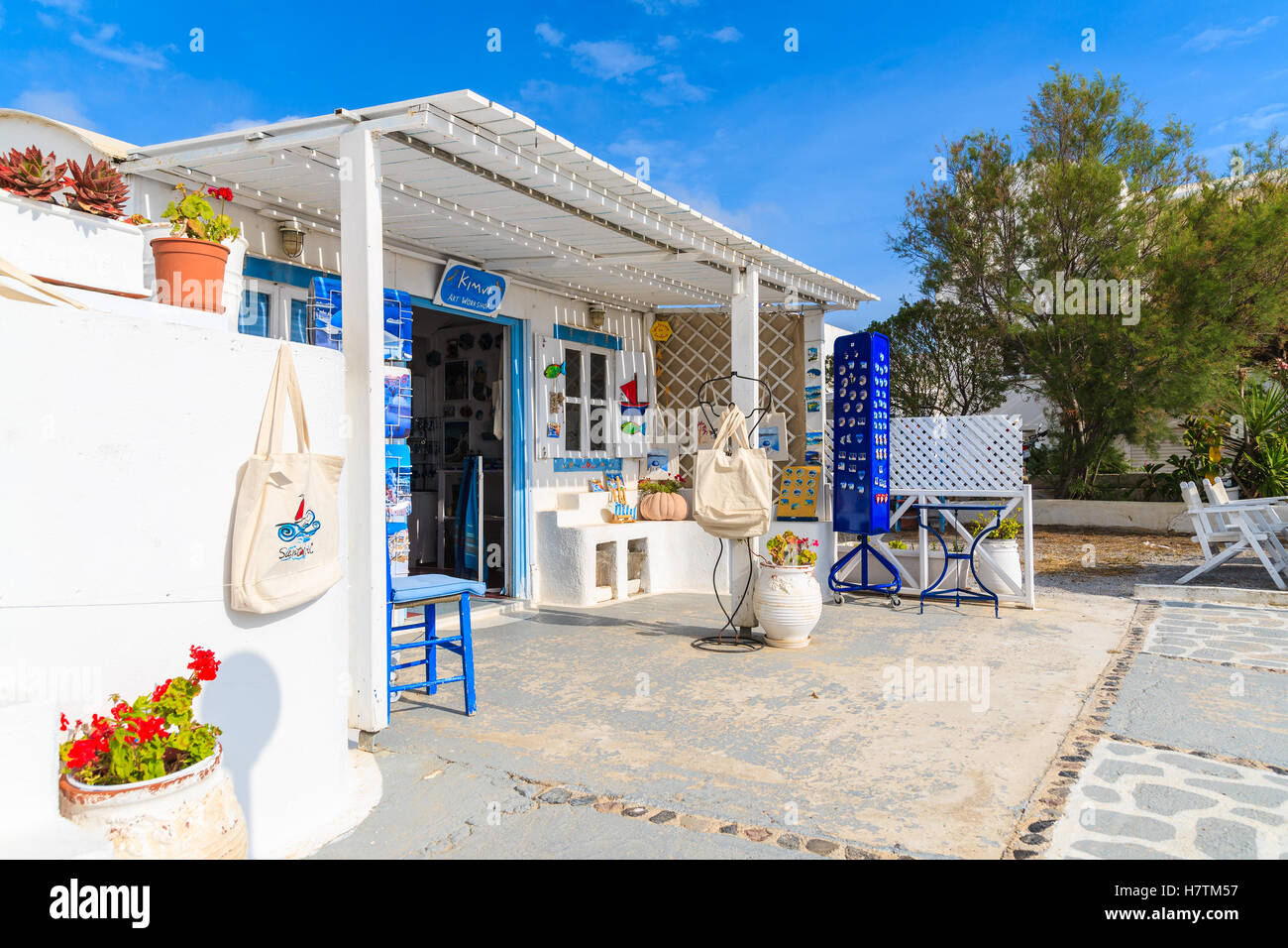 SANTORINI ISLAND, GREECE - MAY 24, 2016: shop with Greek souvenirs for tourists in Firostefani village on Santorini island, Greece. Stock Photo