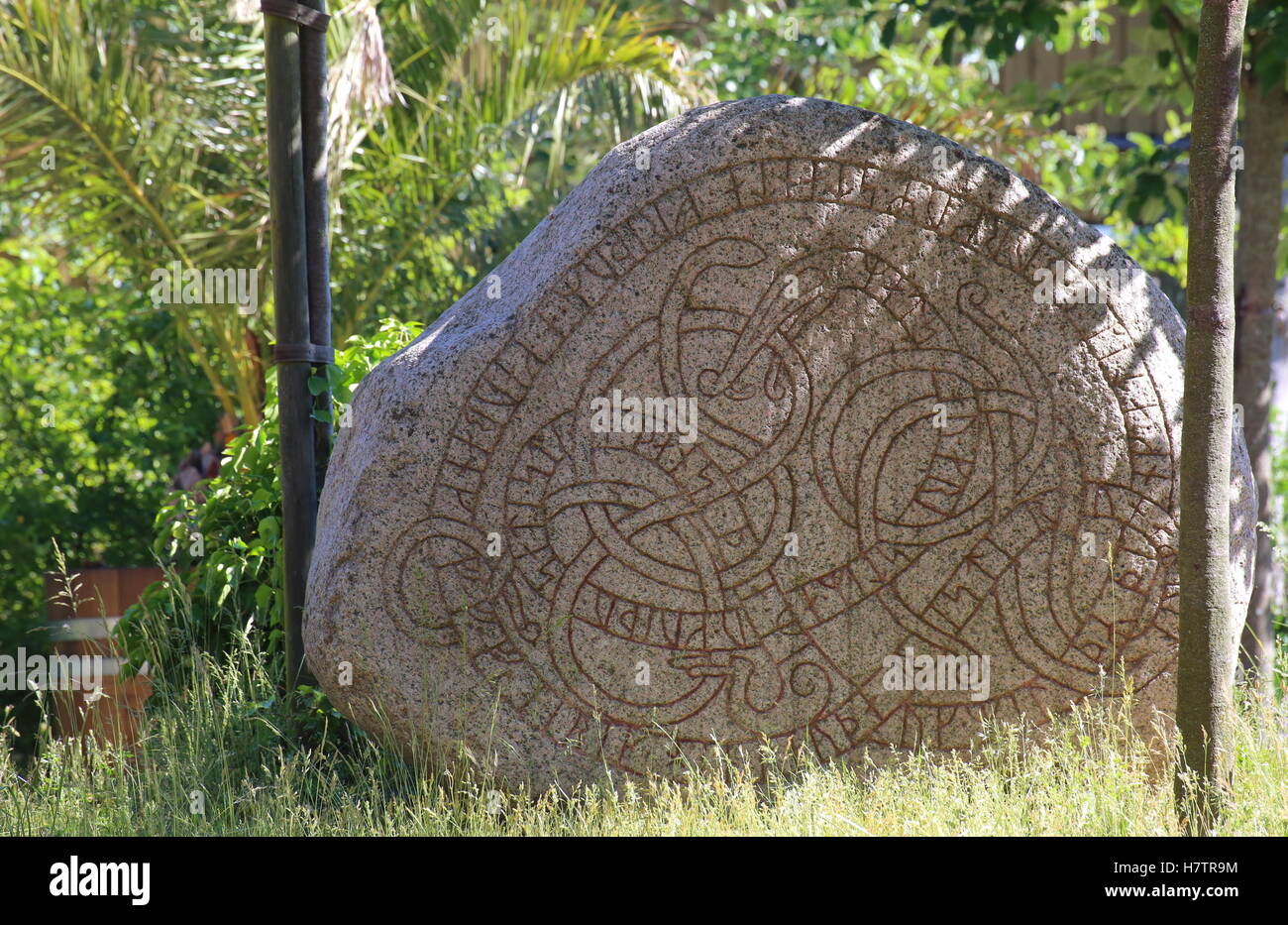 Historic rune stone at the castle in Trelleborg, Sweden. Stock Photo