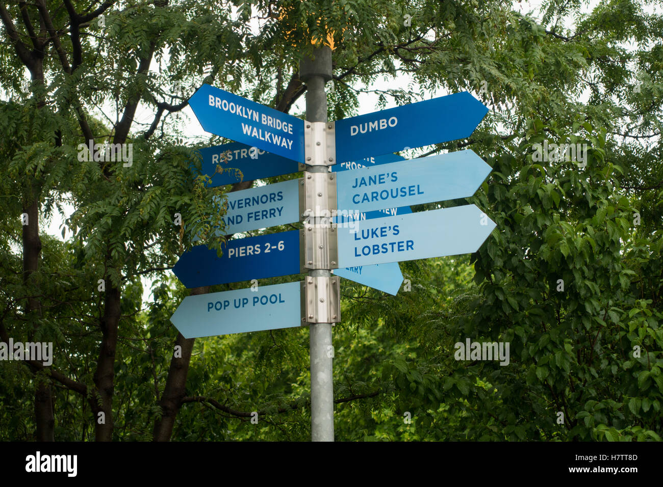 sign post in Brooklyn bridge park NYC Stock Photo