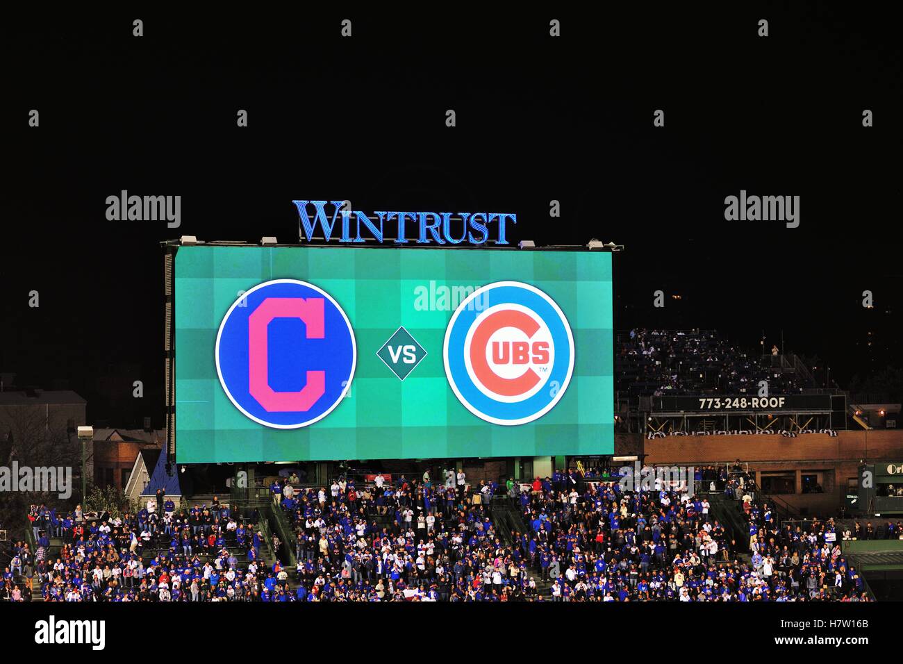 Message board above the left field bleachers at Wrigley Field home to the Chicago Cubs and the